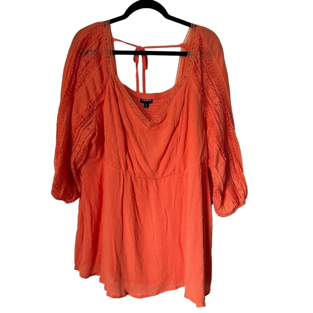 Torrid Top Size 2 2X Orange 3/4 Sleeve Smocked Off The Shoulder Swiss Dot